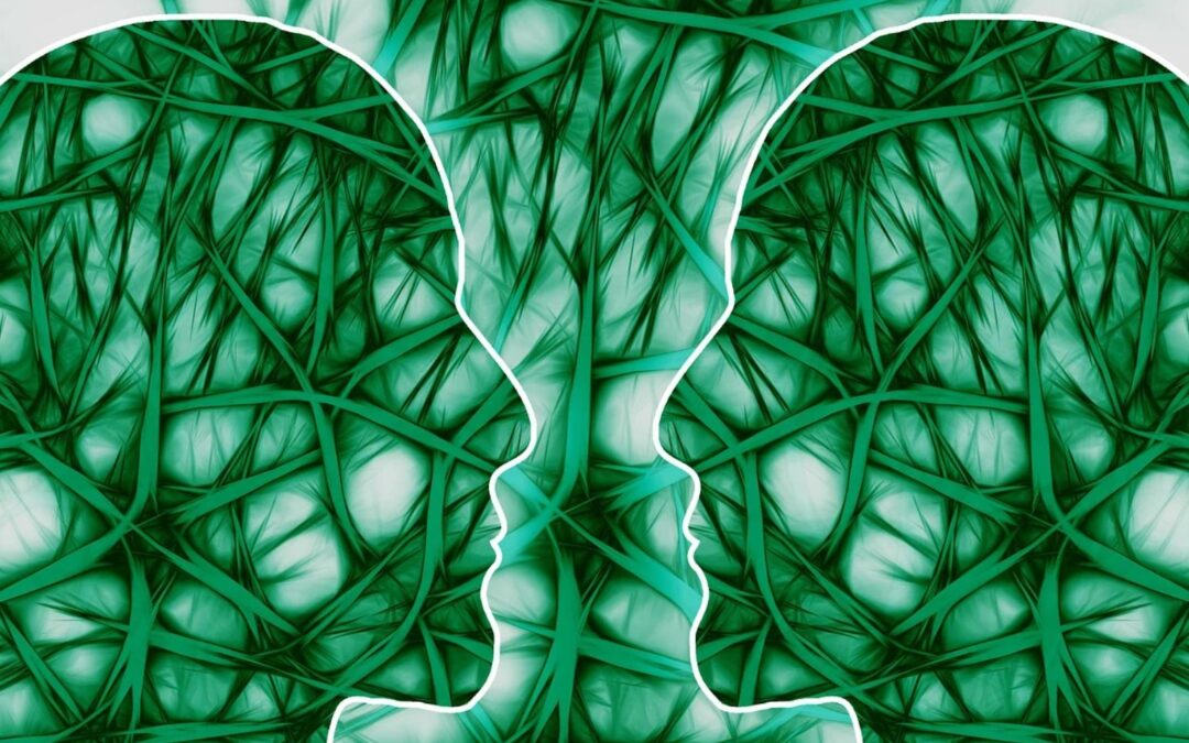 La imagen hace alusión a la intersubjetividad en Gestalt. Representa dos rostros de frente y un fondo que alude a los circuitos neuronales